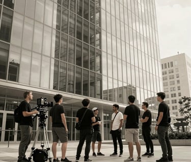 A wide shot of a professional production crew filming a branded content documentary in a modern glass-walled skyscraper. The lighting is cinematic with off-white and charcoal tones. Global / Western.