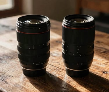 An artistic shot of two different camera lenses sitting on a rustic wooden table in a South African home, with the morning sun casting Deep Forest Green shadows. Reflecting the passion for the craft.