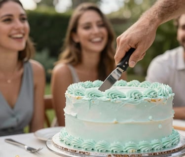 A fun, candid shot of a birthday cake being cut at a South African garden party, pale seafoam icing and blurred happy faces in the background.