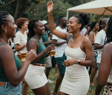 A lively, candid photo of people celebrating at a South African garden party. The shot is captured with professional artistry, showing movement and genuine joy, with a color palette of deep forest teal and warm off-white.