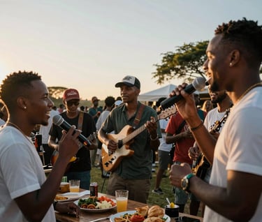 A lively South African birthday celebration outdoors at sunset, people enjoying music and food, captured with a sharp focus and adventurous spirit.