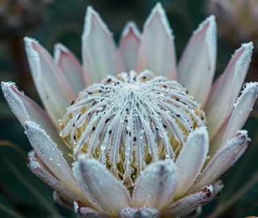 Macro photography of a King Protea flower in a South African botanical garden, intricate details of the petals, morning dew, Soft White and Pale Aqua tones.