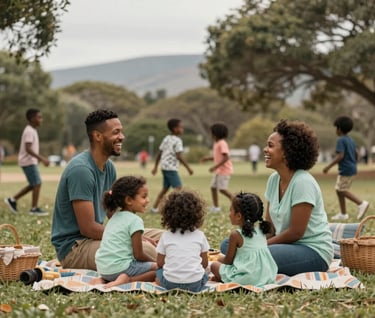 A candid shot of a family picnic in a South African park. The scene is filled with laughter and motion, with children playing in the background. The colors include muted teal and soft mint accents in the clothing and decor.