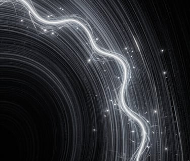 Long exposure photography of light particles moving through a dark charcoal void, representing the interaction of energy with the universe. Cinematic, scientific, and mysterious with milky white light trails.