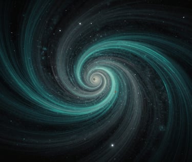 A conceptual cinematic image representing the interaction of bosons with the universe. Swirls of dark charcoal and deep teal light streaks forming a spiral pattern, suggesting energy frequencies in a cosmic void, stylized as an experimental lab visualization.