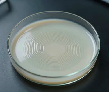 A high-angle shot of a milky glass Petri dish resting on a dark laboratory bench. Inside the dish, a viscous liquid forms geometric Chladni patterns. The lighting is scientific and cool, featuring muted sage and off-white tones.