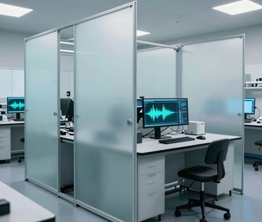 A wide cinematic shot of a contemporary art laboratory. Frosted milky glass partitions catch the glow of deep teal computer screens showing frequency waves. The environment is clean, clinical, and sophisticated.