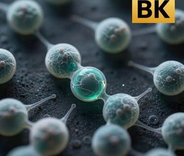 Microscopic footage of organic cells reacting to sound. The cells appear like milky glass spheres against a dark charcoal background. Cinematic lighting catches the edges of the membranes in deep teal, suggesting a lab-controlled investigation environment.