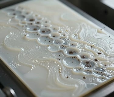 Cinematic laboratory view of sound-sensitive membranes. The texture is milky glass white with dark charcoal shadows, showing tiny ripples that form complex mathematical shapes, lit from the side.