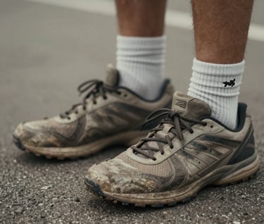 A storytelling detail shot: a close-up of worn-out sports shoes on the sidelines, telling the story of hard work. Soft lighting, moody and professional, using #403B3B and #8C847E palette.