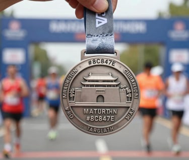 A detailed shot of a marathon medal being held by a hand. The texture of the ribbon matches #8C847E. The focus is sharp on the metal texture with a soft-focus background of the race finish area. Authentic and impactful.