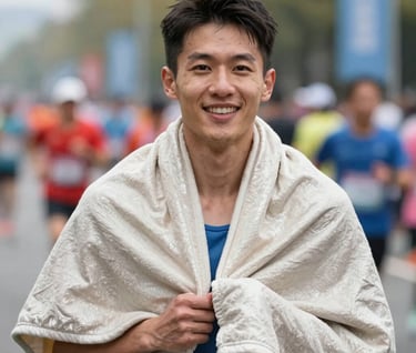 Professional portrait of a runner being draped in a thermal blanket after the race, showing an authentic smile of relief. The colors of the blanket reflect soft #F2F1ED metallic tones.