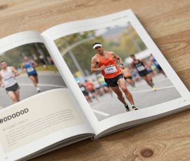 A lifestyle shot of a sports magazine spread open on a wooden table, featuring the marathon photos. The layout is clean, professional, and incorporates the #0D0D0D and #F2F1ED brand colors in the graphic design.