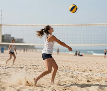 Mid-action shot of a volleyball match, sand flying, bright daylight, dynamic storytelling vibe with #F2F1ED highlights.