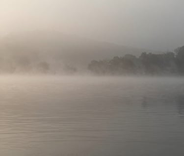 An ethereal landscape photograph of a misty lake at dawn, capturing subtle textures of water and fog, elegant and quiet mood, using tones of #362C27 and #A89B90 for a sophisticated look.
