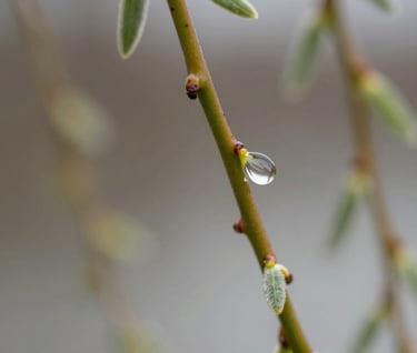 Macro photography of a single dewdrop on a willow branch, emphasizing professional clarity and a palette of #6F5E52 and #A89B90.