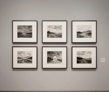 A minimalist view of an elegant gallery wall. Artworks framed in dark #362C27 are displayed, featuring a mix of photography and watercolor in a cohesive, serene style using #A89B90 and #6F5E52 palette colors.