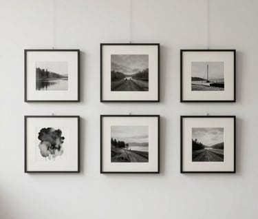 A wide shot of a minimal and elegant artist studio gallery wall with framed photography and watercolor pieces, serene lighting, highlighting professional craftsmanship, dominated by #F5F2EF and #362C27.