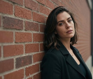 A woman leaning against a brick wall in a North American city, candid expression. Moody cinematic lighting, warm Terracotta tones in the background.