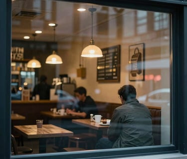 Reflections of city lights in a window, with a couple visible inside a North American coffee shop. Authentic lifestyle photography, cinematic narrative feel.