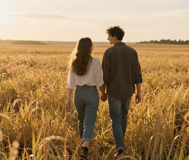 A medium shot of a couple walking through tall yellow grass in a North American field. Cinematic backlight creates a glowing soft sand rim around their figures. Warm sun-drenched environment, inviting and peaceful mood.