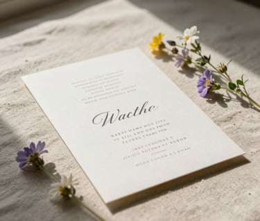 A detailed still life of a wedding invitation and small wildflowers on a soft sand colored linen surface. Sun-drenched light from a window creates soft shadows. Authentic and personal North American setting.
