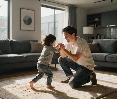 Candid medium shot of a father and child playing in a modern North American living room, sunbeams streaming through a window, cinematic composition with Soft Sand and Charcoal tones in the decor.