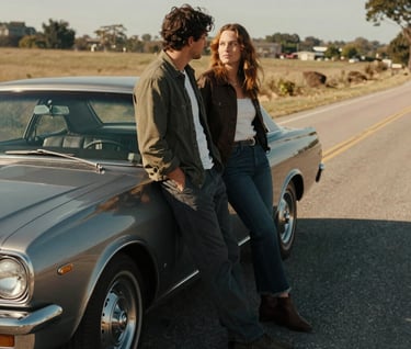 A candid shot of a North American couple leaning against a vintage car on a rural road, warm sun-drenched environment, cinematic film style with deep shadows and Charcoal tones in the vehicle.
