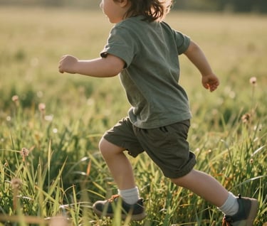Close-up candid photograph of a child running through tall grass in a North American / US meadow. The lighting is warm and sun-drenched, creating a cinematic feel with soft out-of-focus highlights.