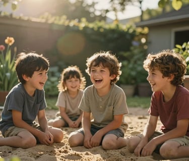 Candid photography of North American children laughing while playing in a sun-drenched garden. The composition is cinematic and personal, capturing genuine emotions. Warm golden hour glow and soft sand textures.