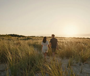 A wide cinematic photography shot of a couple walking through a North American coastal meadow at sunset, Soft Sand colored tall grass, lens flare, authentic and romantic connection, warm natural lighting.