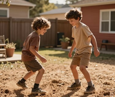 A lifestyle photograph of two brothers playing in a North American backyard. The lighting is warm and sun-drenched, capturing a genuine, cinematic moment of childhood joy. Earthy Brown and Terracotta accents in the environment.