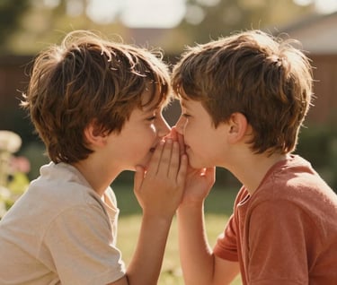 Candid photo of two siblings whispering to each other in a North American garden. Sun-drenched cinematic style with warm terracotta and soft sand colors.