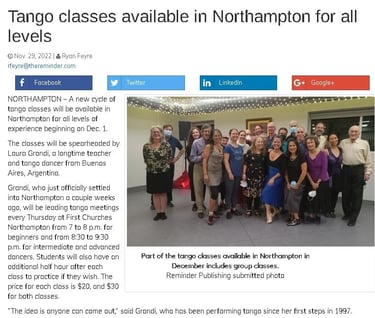 New artitle from the Reminder, "Tango classes available in Northampton for all levels"