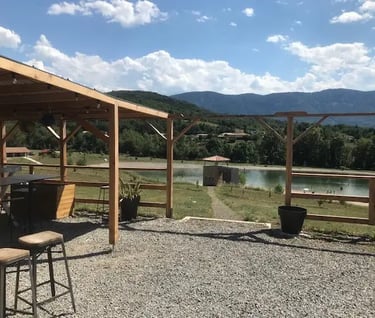 Panoramic view over Quillan lake from hillside restaurant in the Pyrenees Aude
