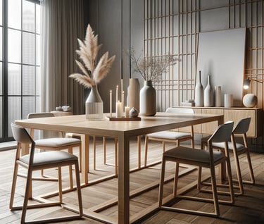 furnvilla's AI dining room table with a vase of flowers and vases