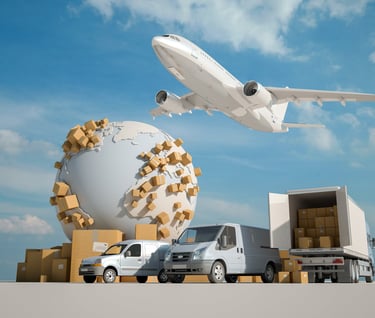 a plane flying over a large globe with boxes and a plane