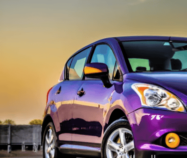a purple Nissan Versa parked in a parking lot