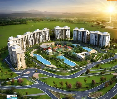 a large apartment complex with a swimming pool and a swimming pool
