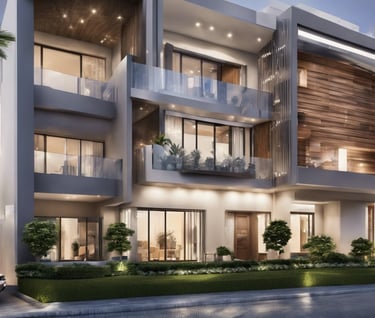 a modern house with a large balcony and a car parked in front of it