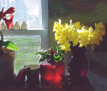 still life, blossoms in the window, daffodils