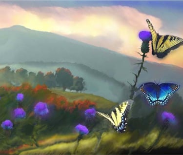 Thistles of Shenandoah Valley painting, butterflies