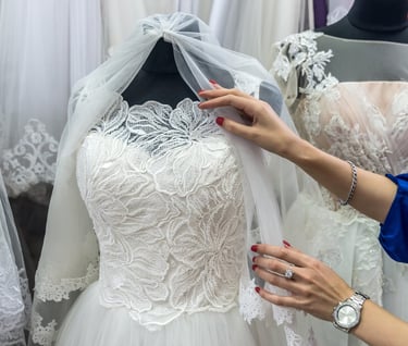 a woman is standing in front of a dress with a veil