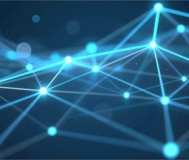 Blue glowing digital network lines and nodes representing data connectivity and artificial intelligence.