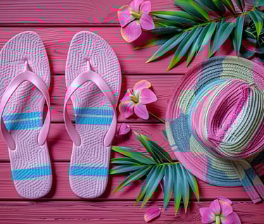 Pink flip-flops and sun hat with tropical palm leaves on a pink wooden background.