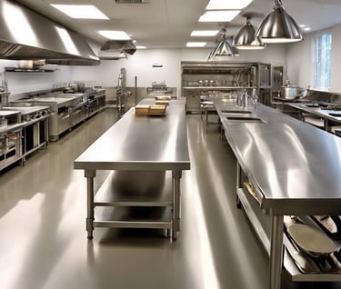 Expansive commercial kitchen, showcasing a variety of equipment including Light Duty Range.