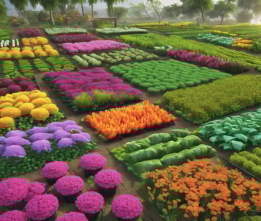 a field of flowers and trees in a field