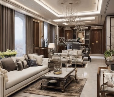 a living room with a large window and a chandelier