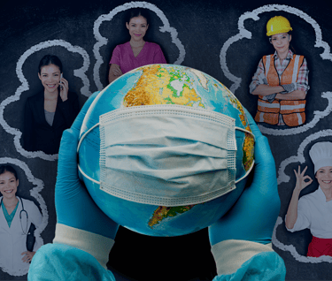 O planeta Terra de máscara com mulheres profissionais ao fundo