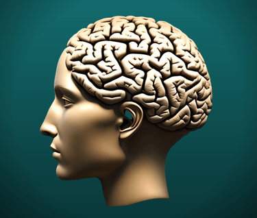 Neurociência representada como perfil de mulher com cérebro exposto em fundo verde